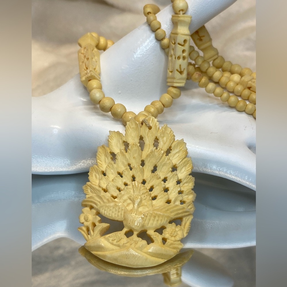 Vintage Carved Ox Bone Beaded W Carved Peacock Pendant 26.25”